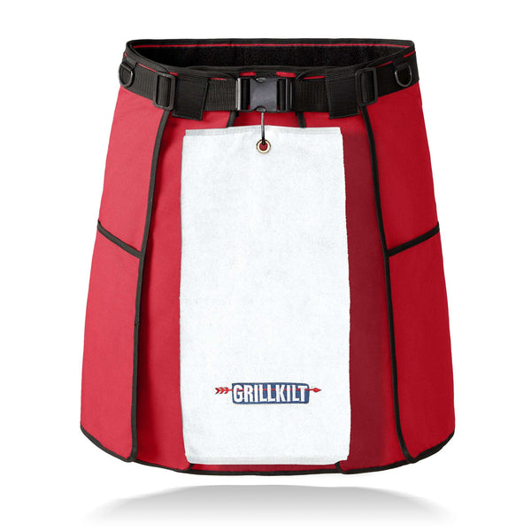 The ultimate grilling apron, the GRILLKILT is shown here in cayenne red with a white premium towel.